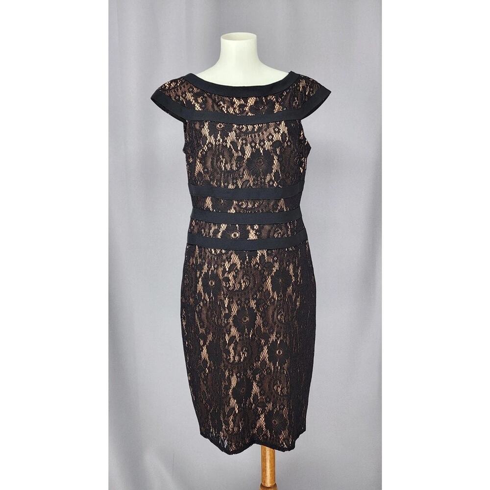 Adrianna Papell Cocktail Dress Size 8 Black Lace Sheath Event Wedding Event